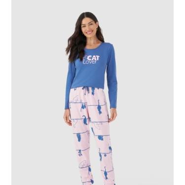 Imagem de Pijama Longo Feminino Mensageira Da Paz Azul, M, Azul
