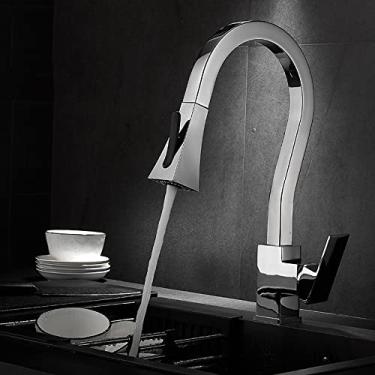 Imagem de Torneiras de pia de cozinha misturador frio quente bico giratório pull out torneiras pulverizadoras montadas no convés torneira de latão maciço, cromada