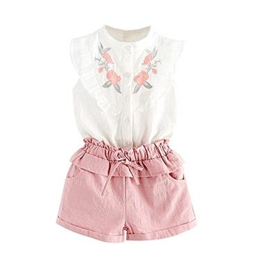 Imagem de Conjunto infantil bordado com short com cordão e blusa de babados para meninas, roupas, camiseta lisa para meninos (rosa, 3-4 anos)