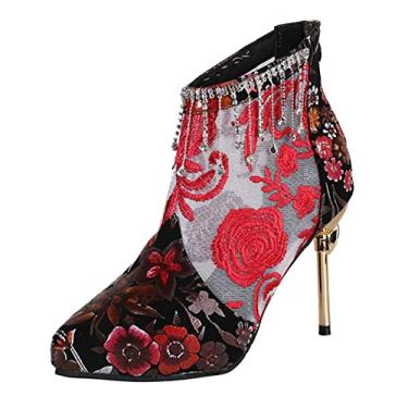 Imagem de Sandálias femininas de salto médio moda primavera e verão sandálias femininas salto super alto malha respirável bordado flor strass (vermelho, 6,5)