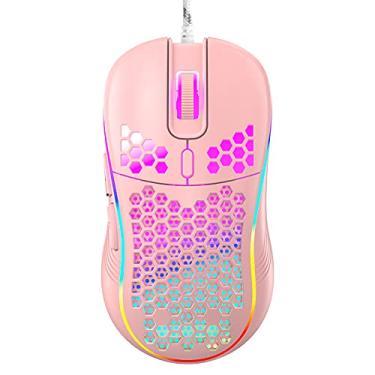 Imagem de Mouse Honeycomb para jogos com fio com interruptor liga/desliga RGB, 7200 DPI ajustável, design ergonômico leve e sensor de alta precisão para jogadores de PC/Mac (rosa)