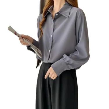 Imagem de Camisa feminina de chiffon branca solta manga longa casual escritório todas as camisas combinam, Cinza escuro, M