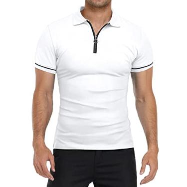 Imagem de Nova camiseta polo masculina de verão fina manga curta gola polo cor sólida slim fit camiseta top, Branco, G