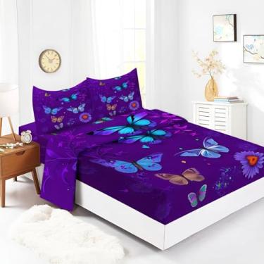 Imagem de Bhoyctn Jogo de lençol Queen com 4 peças de borboleta floral, roxo, lençol de cima estampado com bolso profundo de 40,6 cm, 100% microfibra, ultramacio e agradável à pele