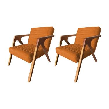 Imagem de Kit 2 Poltronas Decorativa Ísis Base em Madeira Maciça em Veludo Laranja Terracota