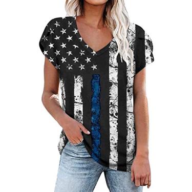 Imagem de Camisetas femininas 4th of July Flag Stars Stripes Graphic Blouse Patriotic Short Sleeve Loose V Neck Tops, Preto, G