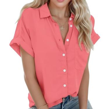 Imagem de Teepie Camisetas femininas de manga curta de verão com gola V casual de botão para mulheres blusas de trabalho com gola e bolsos, Laranja, vermelho, GG