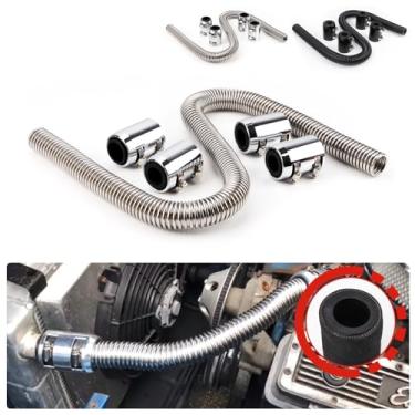 Imagem de Kit de mangueira de radiador de 122 cm de aço inoxidável flexível universal para água de arrefecimento com 4 tampas cromadas REENKEY (prata)