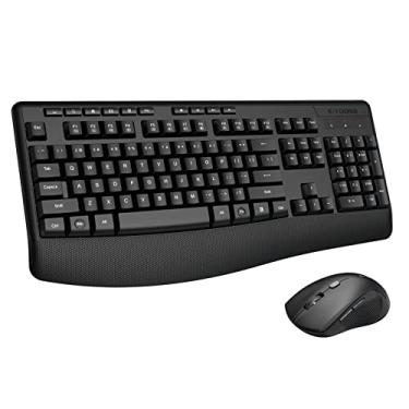 Imagem de Combo de teclado e mouse sem fio, teclado E-YOOSO 2,4 GHz ergonômico sem fio com descanso de pulso, 3 DPI ajustáveis e 6 botões mouse USB sem fio para computador, laptop, PC, Windows (preto)