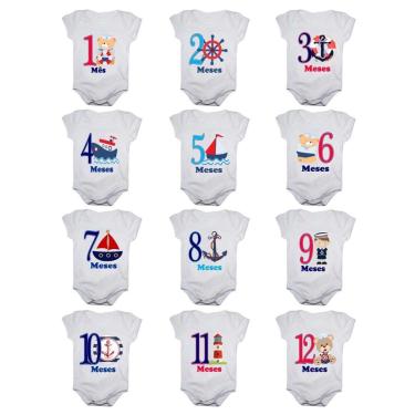 Imagem de Kit 12 Body Bebê Mesversario Manga Curta Estampa Marinheiro 1 A 12 Meses Masculino-Masculino