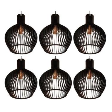 Imagem de kit 6 Luminarias Grandes de Teto Pendente Cor Preto De Madeira 28 x 34