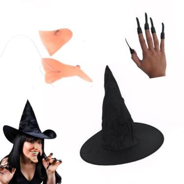 Imagem de Acessórios Fantasia Bruxa Nariz Chapéu Queixo Unhas Dentes para compor