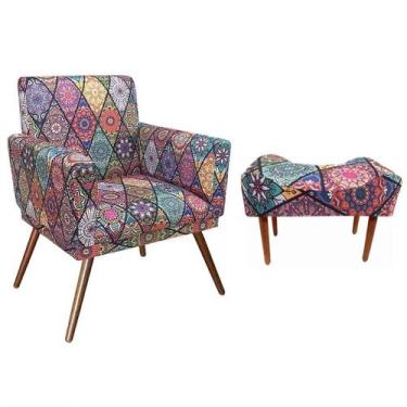 Imagem de Kit Poltrona Nina e Puff Retangular Pés Madeira Suede Mosaico Vermelho