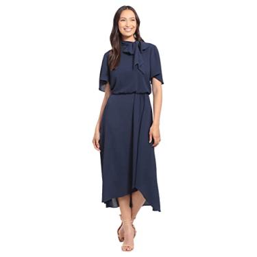 Imagem de London Times Vestido feminino midi de manga curta e gola amarrada, Pavão azul-marinho, 15 Plus Size