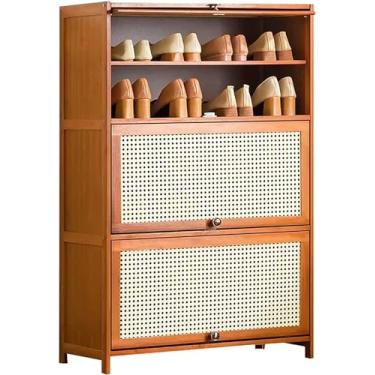 Imagem de Armário de sapatos de bambu verde com portas de vime, organizador de sapatos de 10 camadas para entrada, corredor, banheiro e cozinha - Armário de armazenamento moderno de sapato, natureza, 6 andares