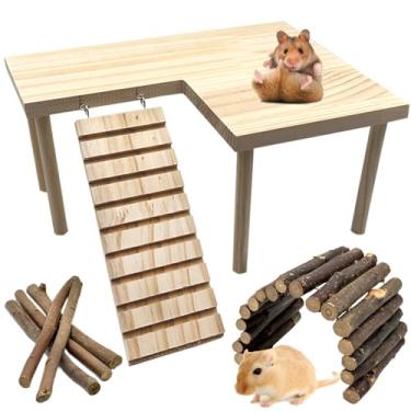 Imagem de Niwaes Plataforma de Hamster de Madeira com Pernas, Grandes Hamsters Sírios Plataformas de Escalada com Kit de Rampa Escada de Madeira Ponte Rato Brincando Brinquedo Mesa em Pé Gaiola Acessórios