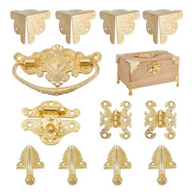 Imagem de NICENEEDED Dobradiças de caixa de joias douradas, kit de protetores de canto com alça de trava antiga, dobradiças de ferrolho gravadas vintage, acessórios de ferragens para decoração e reparo de caixa