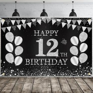 Imagem de JOYKY Faixa de feliz aniversário de 12 anos, decoração de festa de aniversário de 12 anos preta prata para meninos e meninas, decoração de pano de fundo de suprimentos de aniversário de 12 anos, 15 x