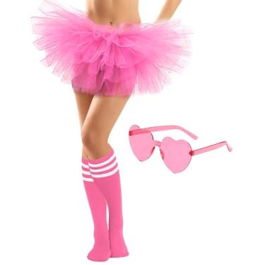 Imagem de Tutus adulto para mulheres, conjunto de saia tutu de tule de 5 camadas com óculos de sol de coração e meias até o joelho coloridas lembrancinhas de festa, rosa, standard