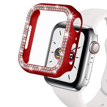 Imagem de (49 mm, vermelho) Capas ZQCFKJ Bling Crystal Diamond Bumper Cover [2 unidades] para Apple Watch Ultra/Ultra 2 49 mm iWatch Glitter fileira dupla cristal moldura de aço inoxidável metal protetor bumper