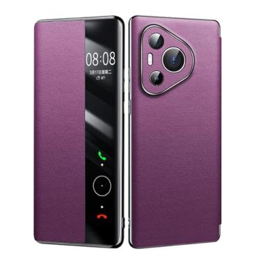 Imagem de HAO RIYLN Roxo, Capa de couro genuíno 70 Pro para Huawei Pura 70 Pro +/70 Pro/70, janela de visão clara, flip, proteção fólio, capa luxuosa, à prova de choque