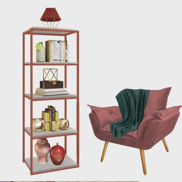 Imagem de Kit Poltrona Fatte com Manta Soft Verde e Estante Livreiro Ferro Bronze mdf Marmorizado Cinza Suede Rose Gold - Ahz Móveis