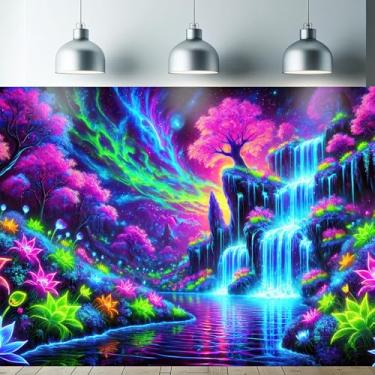 Imagem de Starlit Patio Tapeçaria de luz negra que brilha no escuro UV cachoeira reativa planeta fantasia paisagem floresta tapeçaria de parede Trippy Nature Art Poster para quarto sala de estar dormitório 78 x