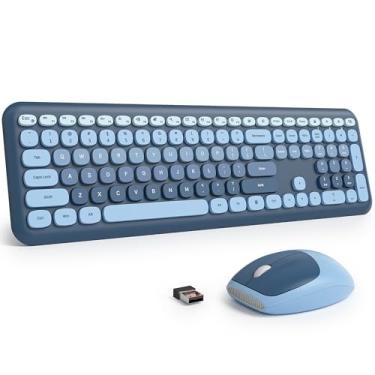 Imagem de Fogruaden Teclado e mouse sem fio azul silencioso, 2,4 GHz, estilo máquina de escrever fofo, conjunto de teclado e mouse colorido, design fino, digitação de baixo ruído para casa, escritório, Windows