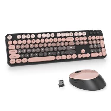 Imagem de Owpkeenthy Teclado e mouse retrô sem fio, lindo teclado colorido com estilo máquina de escrever retrô, tamanho completo com teclado numérico, teclas redondas para desktop, laptop e computador