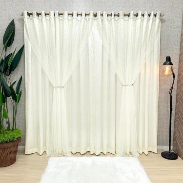 Imagem de Cortina Aurora Cetim Amassado Tule Pérolas 3,00x2,50m Sala Quarto Varão 3m - Palha