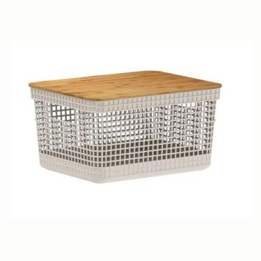 Imagem de Cesto Organizador Grid Com Tampa Em Bambu 8l Ou Bege