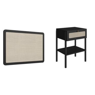 Imagem de Conjunto Cabeceira Solteiro 90cm E Mesa De Cabeceira 1 Gaveta Pé Madeira Palhinha Oslo Nero Nero