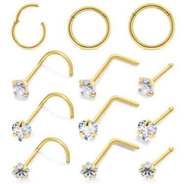 Imagem de Hnxnskt Anéis de nariz femininos de aço cirúrgico, piercing de nariz, hipoalergênico, anel de segmento articulado, saca-rolhas em forma de L, piercing de narina, zircônia cúbica, joia 18G 20G, Metal