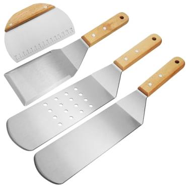 Imagem de Conjunto de 4 espátulas de metal resistente, espátulas profissionais de aço inoxidável e raspador para grelha plana, ferro fundido, churrasco, hambúrguer, cabo de madeira Tang completo e borda