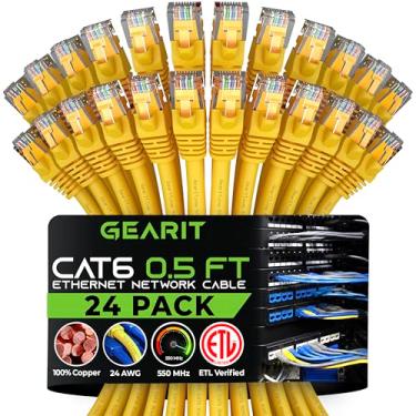 Imagem de GearIT Pacote com 24 cabos Ethernet Cat 6 Cat6 Patch Snagless 0,5 pés - Cabo de rede LAN para computador RJ45 Snagless amarelo - Compatível com 24 48 portas Switch POE Montagem em rack 24 portas
