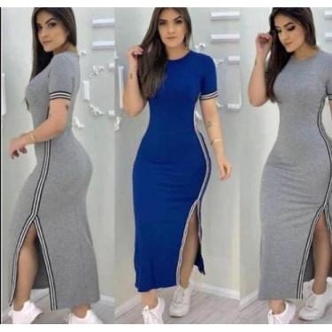 Imagem de Vestido longo manga curta malha canelada feminino c/ faixa listra late