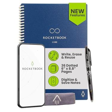 Imagem de Rocketbook Caderno espiral reutilizável New Core, tamanho executivo 15 x 21 cm, azul marinho - páginas pontilhadas, conectadas a aplicativos, apagável, capa durável, ideal para escola, trabalho e