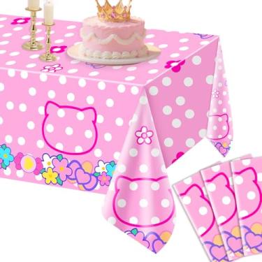 Imagem de AMFZON Pacote com 3 toalhas de mesa para festa de gatinho rosa, decoração de laço, flor, retangular, plástico, rosa, bolinhas, toalha de mesa para aniversário, chá de bebê, suprimentos de decoração de