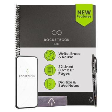 Imagem de Rocketbook Caderno espiral reutilizável New Core, tamanho carta 21 x 28, preto - páginas forradas, conectadas ao aplicativo, apagável, capa durável, ideal para escola, trabalho e projetos criativos
