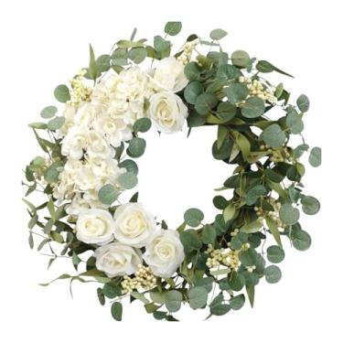 Imagem de Tachiuwa Grinalda artificial do eucalipto, grinalda da mola para a porta da frente, grinalda da flor hortênsias da peônia para interior, exterior, 45cm