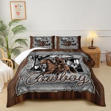 Imagem de lneffble Conjunto de cama queen de caubói ocidental marrom, tamanho casal, com 1 edredom com 2 fronhas, decoração de quarto ocidental para meninos, homens e crianças