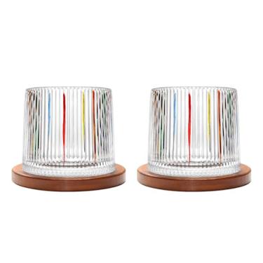 Imagem de Copo de vidro giratório antiquado, conjunto de 2 copos de uísque de cristal de 275 ml/283.5 g, porta-copos de madeira, espessamento, usado como copo de vidro de rum, coquetel, café, leite para relaxar