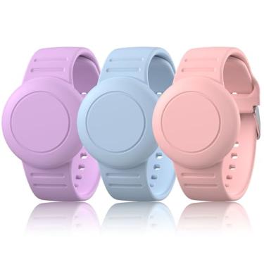 Imagem de Pacote com 3 pulseiras impermeáveis para crianças, suporte de silicone macio para Apple Air, pulseira de relógio ajustável antiperda para crianças a partir de 3 anos (areia rosa/azul-celeste/roxo)