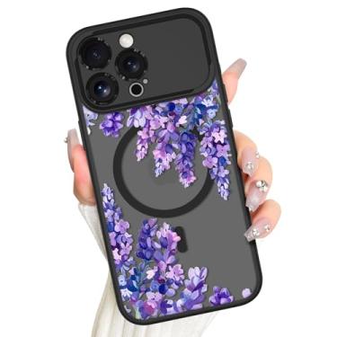 Imagem de AIGOMARA Capa magnética para iPhone 15 Pro Max, compatível com Magsafe, design floral de flor de lavanda roxa fofa para mulheres e meninas, capa de telefone fina translúcida fosca para janela grande
