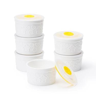 Imagem de REANRO Conjunto de 6 ramequins de 293 ml com tampa, tigelas de suflê de creme brulee de porcelana, copos de pudim branco, forno Ramiken seguro para assar (branco, estrela)