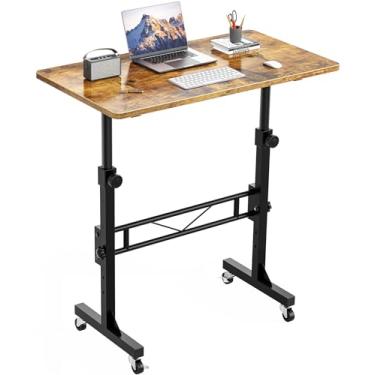 Imagem de Mesa de pé, mesa pequena portátil de 81 cm, altura ajustável, mesas de escritório em casa com rodas, mesa de apoio para quarto, tapete de caminhada, escritório em casa, espaço pequeno, rústico