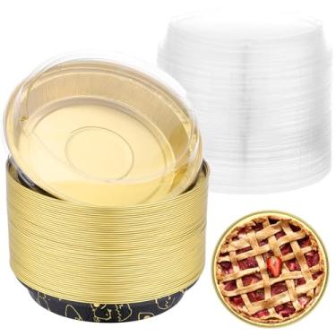 Imagem de EUSOAR Ramequins descartáveis, 50 peças de 283 g/275 ml, forros de muffins de folha de alumínio com tampas, formas redondas de bolo, recipiente de cheesecake, porta-brownies de torta de torta de pudim