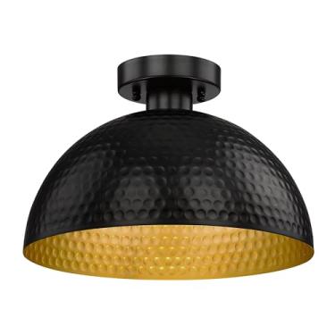 Imagem de ELYONA Luminária de montagem semiembutida martelada, luminária de teto de fazenda de 30 cm com acabamento moderno preto e dourado para quarto, banheiros, corredor, cozinha, varanda, lavanderia, hall