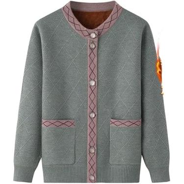 Imagem de Suéter Kitted Cardiga Para Idosos De Meia-idade Qiufe Fashio, Patchwork Listrado Gola Redonda Bolsos Manga De Log, Top Cardiga Wome, Kit Cardigan Autum Witer Sigle-breasted, Green Velvet, XL