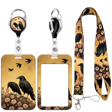Imagem de Cordão de corvo com porta-cartão de identificação deslizante autoretrátil, com etiqueta de nome rosa retrô com clipe de chaveiro de rotação 360 para escritório, escola, professor, trabalho, crachás